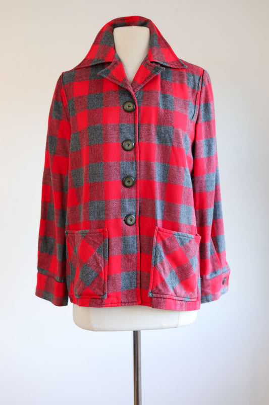 Vintage 1950s Plaid 49er Jacket - Rare Fluorescent Strawberry Pink + Grey Wool Chore Shirt-Jac Size M to L