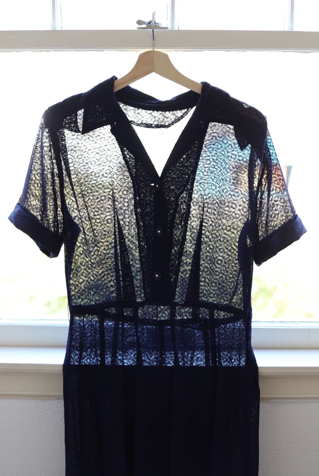 Vintage 1940s Dress - Simple Perfection! Dark Blue Sheer Sculpted Shirtwaist w Celluloid Rhinestone Size M