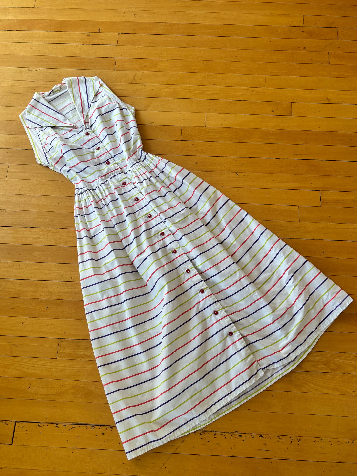 Vintage 1940s to 1950s Sundress - Fruit Stripe Gum Chartreuse Purple Red Cotton Sundress w Rhinestones Size S