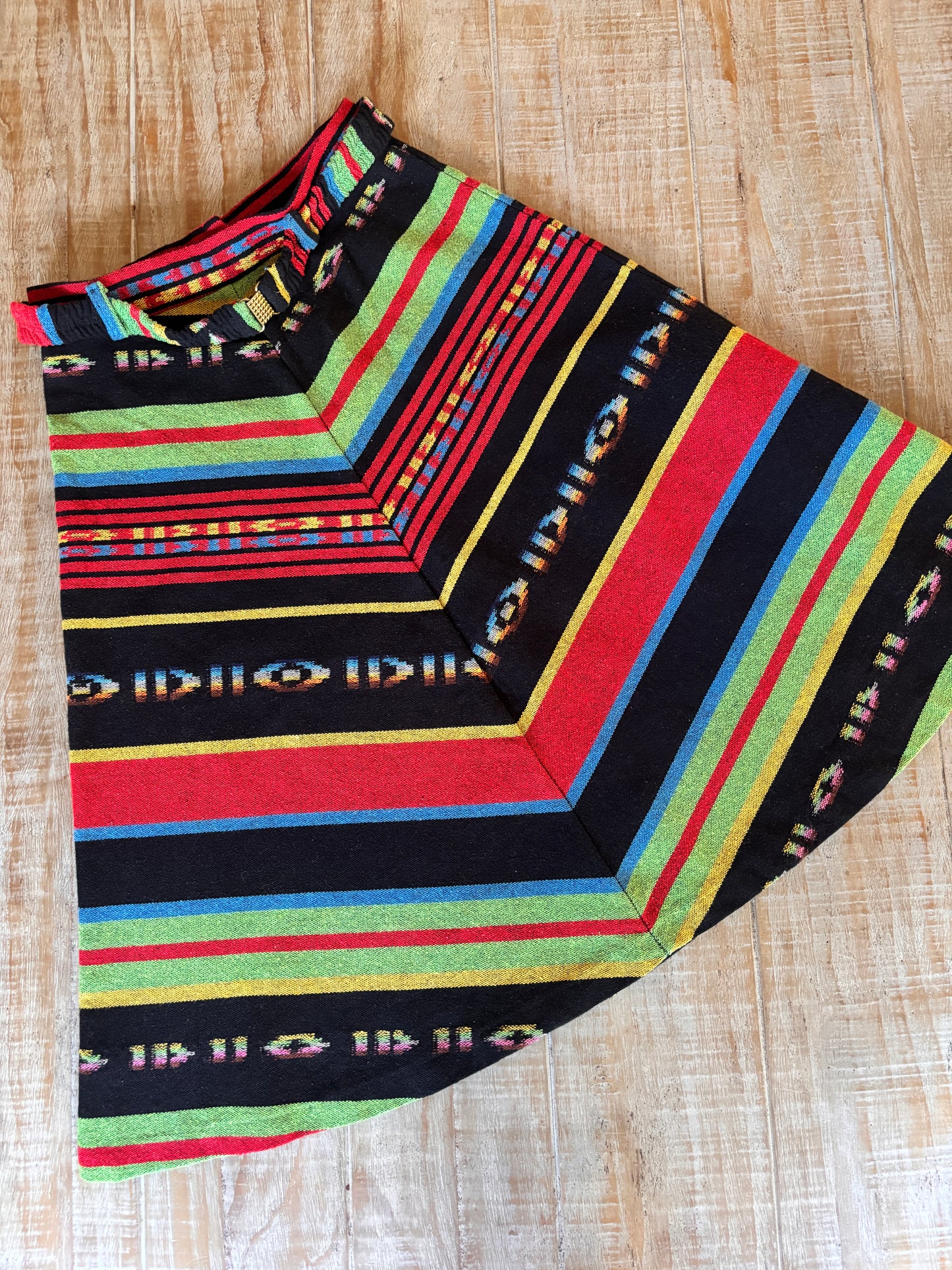 Vintage 1970s Skirt - Striking Wool Black Rainbow Serape Bias High Waist w Rare Belt Size S