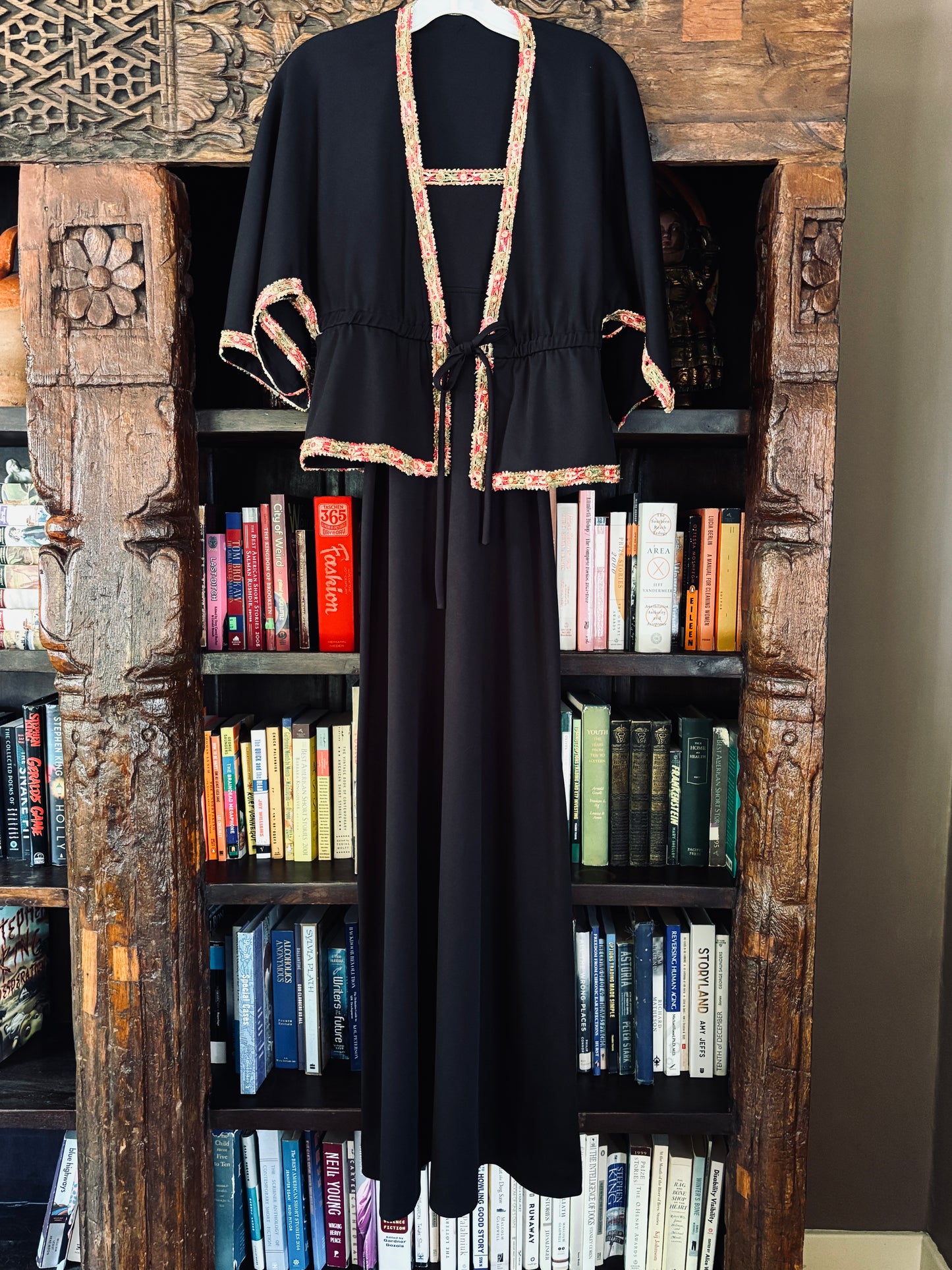 Vintage 70s Dress Set - Black Jersey Knit Maxi Sundress + Jacket w Cotton Embroidery Size S