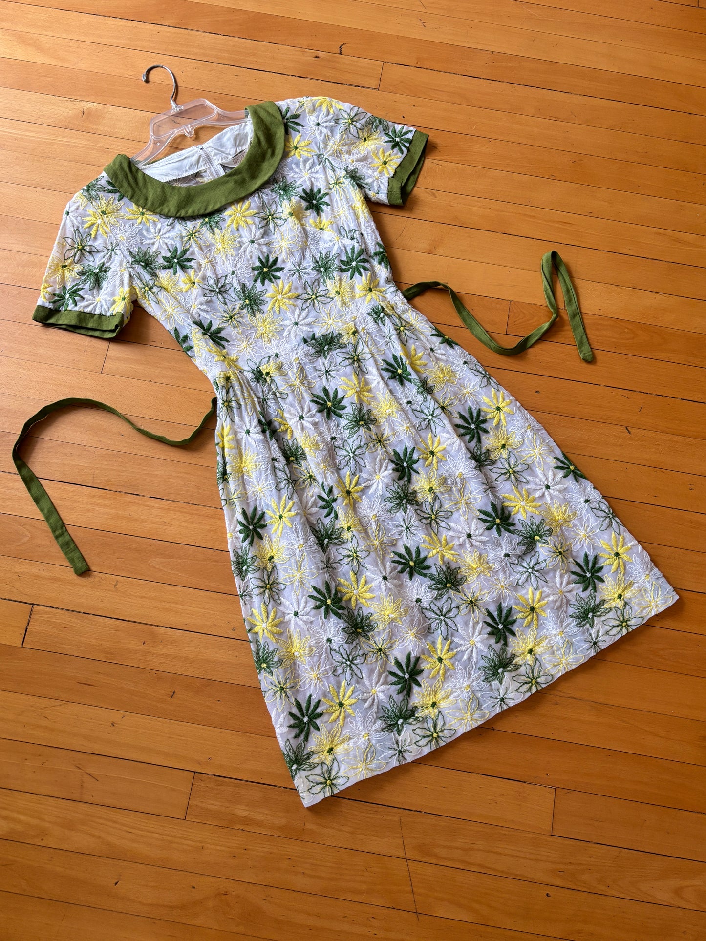 Vintage 1960s Dress - Lemon + Olive Embroidered Cotton + Butcher Linen Belted Dress Size M to L