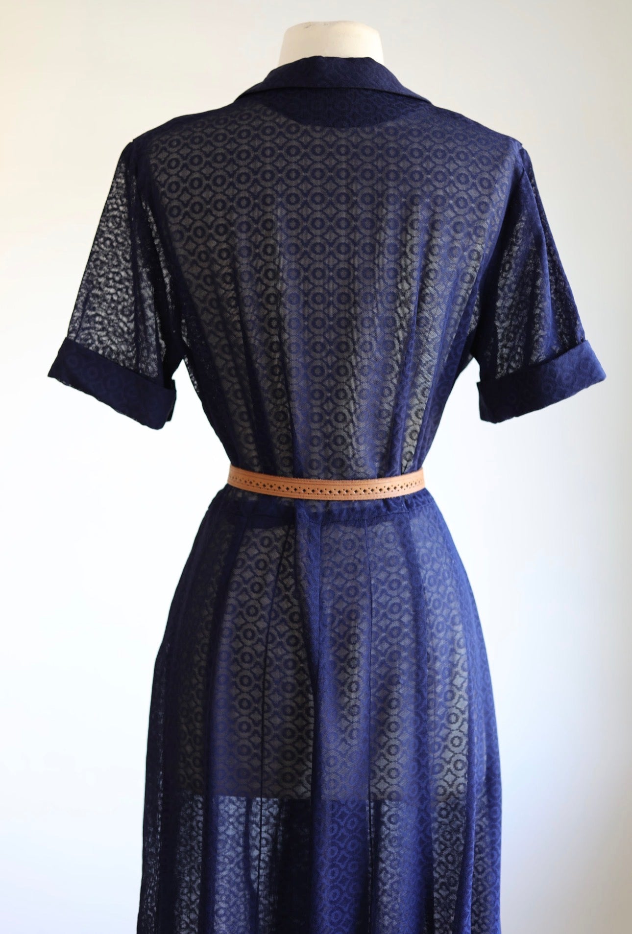 Vintage 1940s Dress - Simple Perfection! Dark Blue Sheer Sculpted Shirtwaist w Celluloid Rhinestone Size M