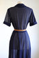 Vintage 1940s Dress - Simple Perfection! Dark Blue Sheer Sculpted Shirtwaist w Celluloid Rhinestone Size M