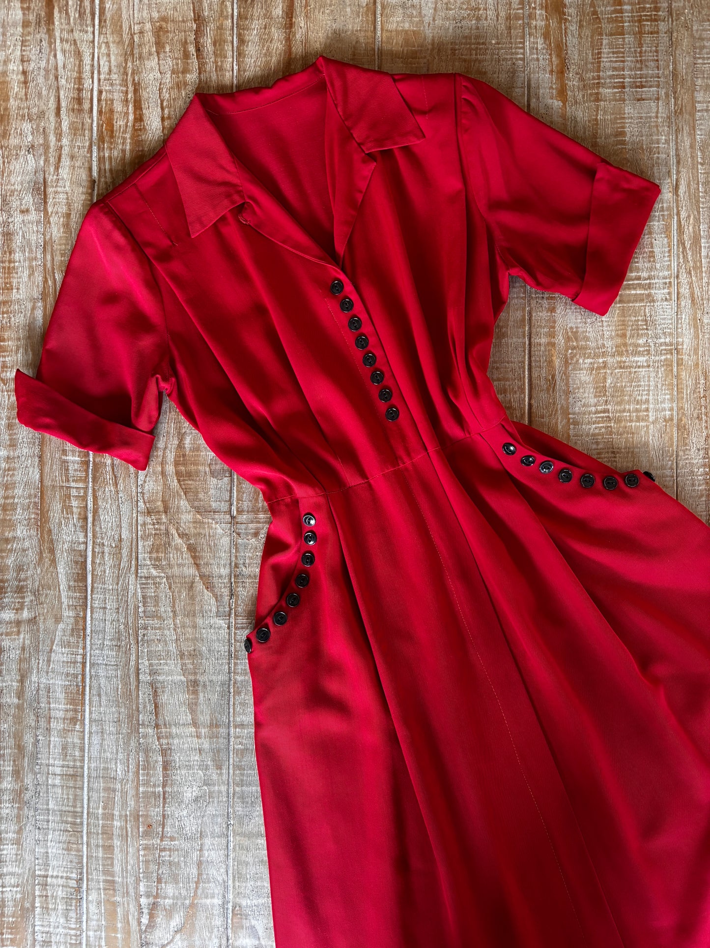 Vintage 1940s Dress - Lipstick Red Rayon Gabardine Front Metal Zipper Shirtwaist w 25 Bakelite Buttons! Size M to L