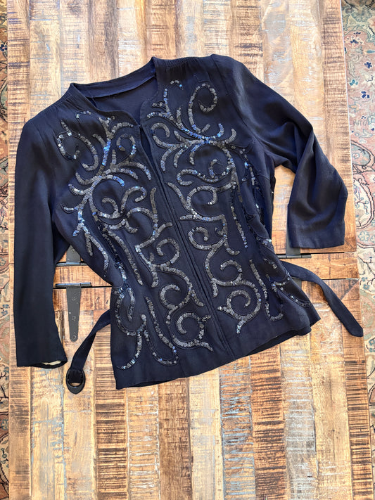Vintage 1930s to 1940s Blouse - Black Rayon Crepe Keyhole w Sequin Scrollwork Cocktail Top Size M