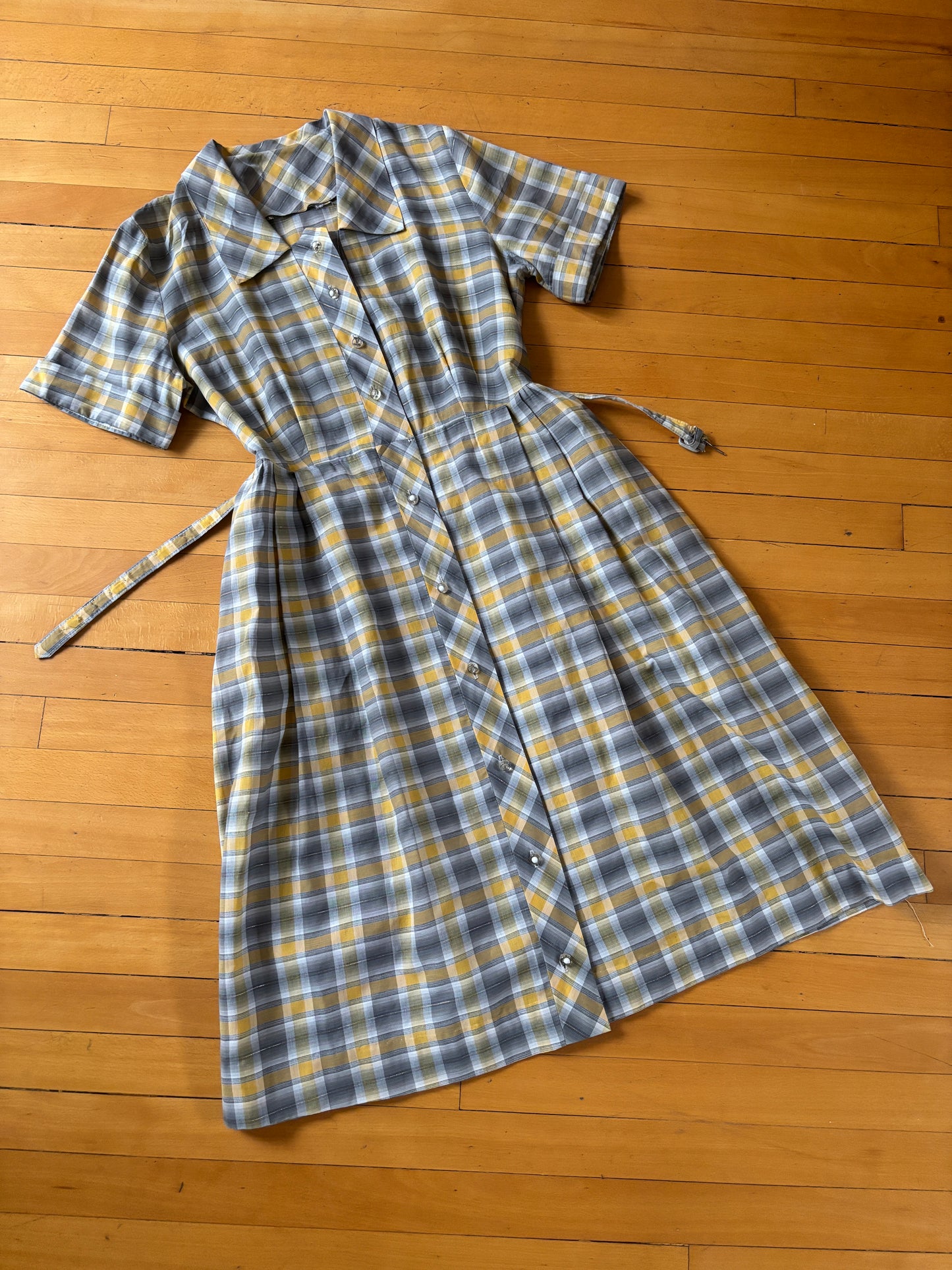 Vintage Early 1950s Coat Dress - Mustard Grey Gold Ombre Shadow Plaid Shirtwaist Size L to XL