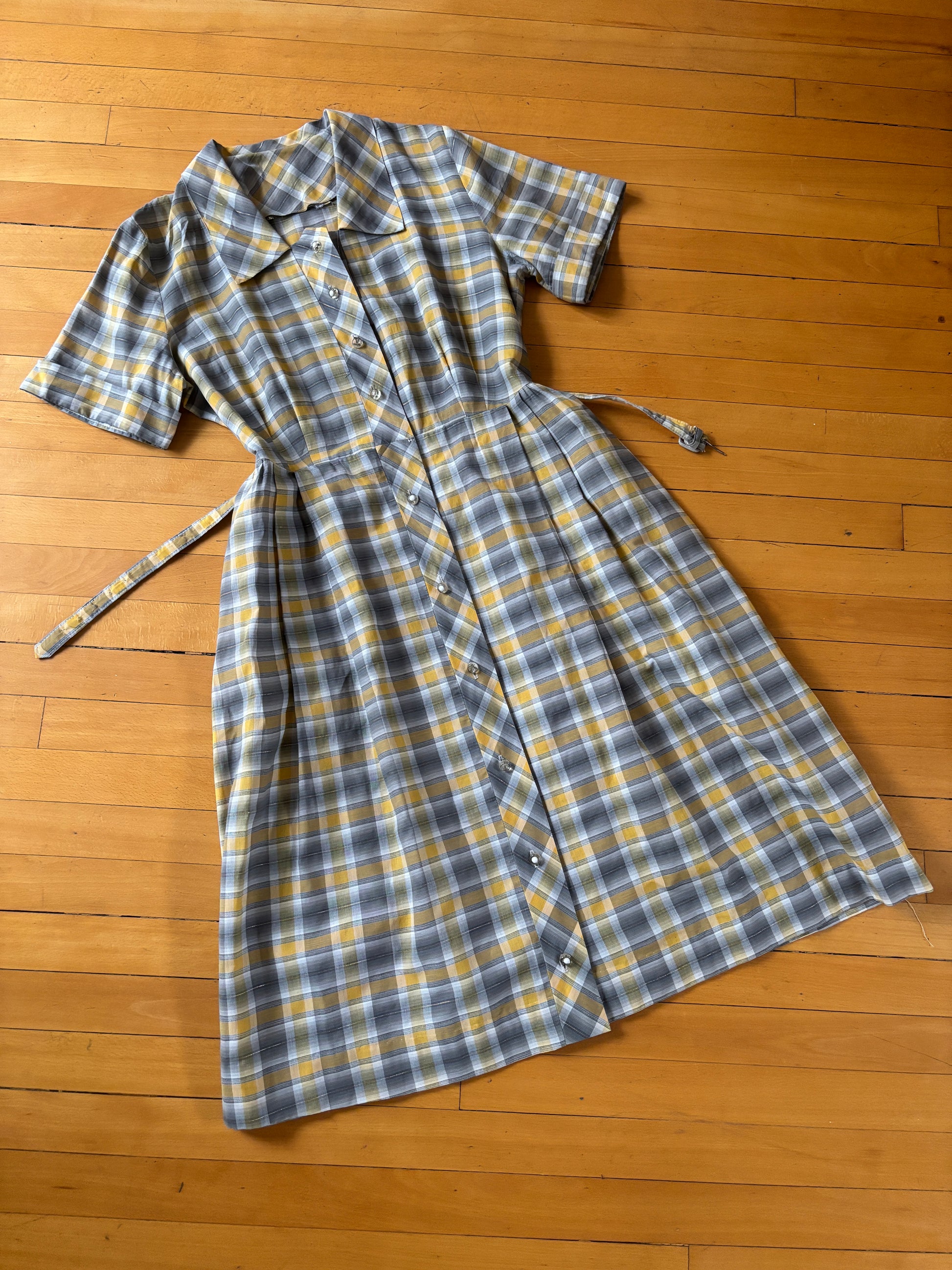 Vintage Early 1950s Coat Dress - Mustard Grey Gold Ombre Shadow Plaid Jumblelaya Vintage Vintage Early 1950s Coat Dress - Mustard Grey Gold Ombre Shadow Plaid Jumblelaya Vintage