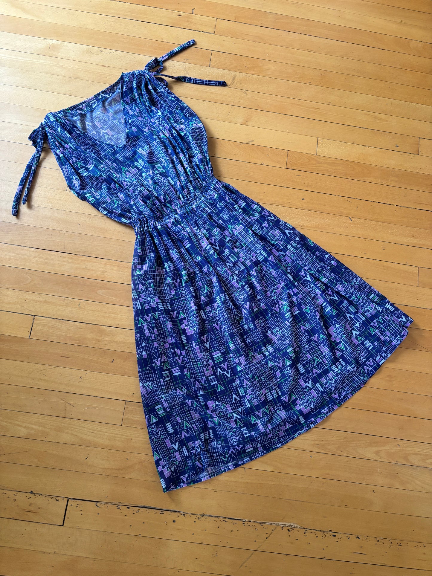 Vintage 1970s Dress - Slinky Crepe Blue Tie-Shoulder Geometric V Novelty Print Sundress Size XS to L