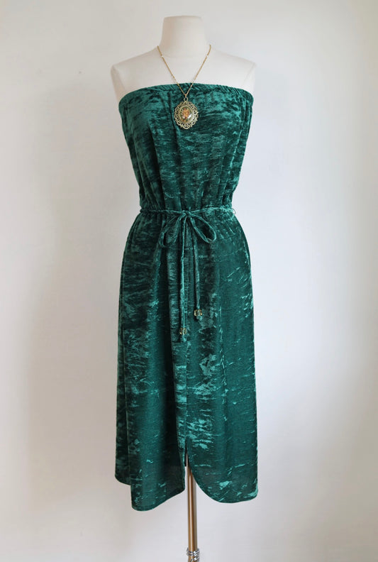 Vintage 1970s Strapless Velvet Dress - Snaky-Sexy Emerald Green Sundress w Lucite-Trimmed Belt Size S to M