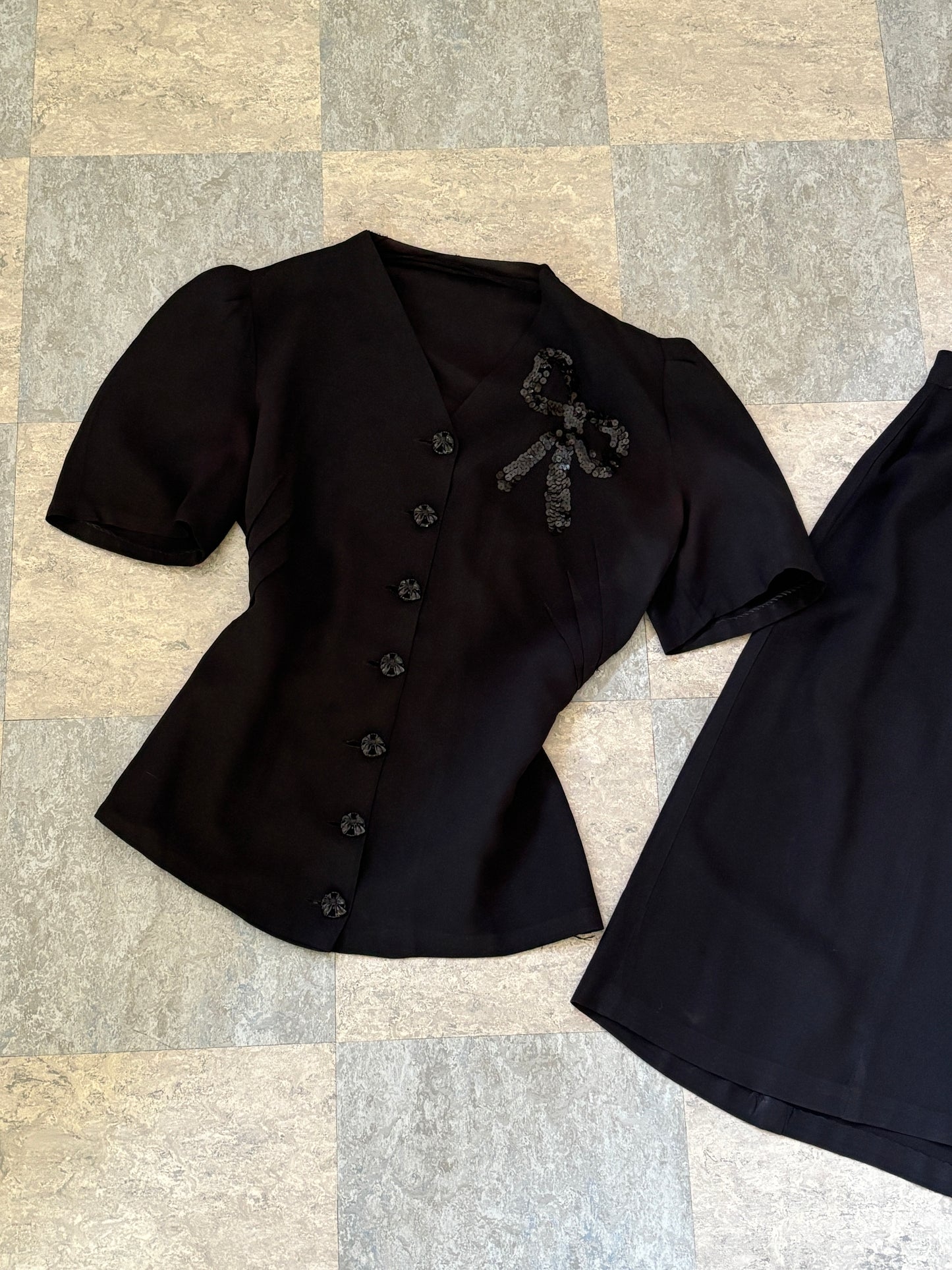 Vintage 1930s to 1940s Dress Set - Black Rayon w Sequin "Bow" + Novelty Celluloid Buttons Blouse Skirt Suit Size S