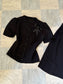 Vintage 1930s to 1940s Dress Set - Black Rayon w Sequin "Bow" + Novelty Celluloid Buttons Blouse Skirt Suit Size S