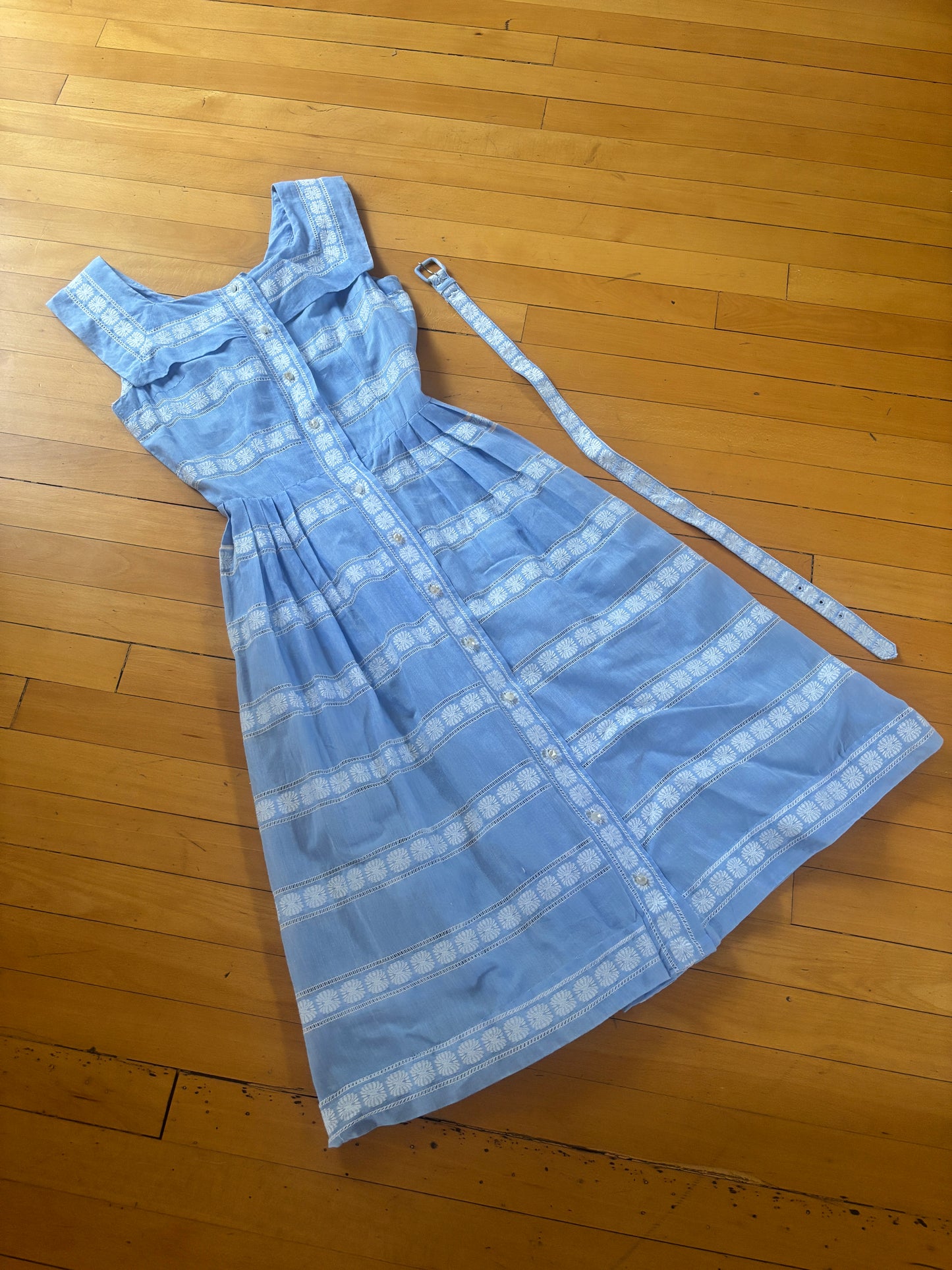 Vintage 1940s to 1950s Sundress - Breezy Pale Blue Cotton Chambray Coat Dress Size XS