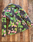 Vintage 1970s Quilted Jacket - Very Special Artsy "The Yard Birds" Black Chintz Cotton w Botanical Strawberry Print Size S to M