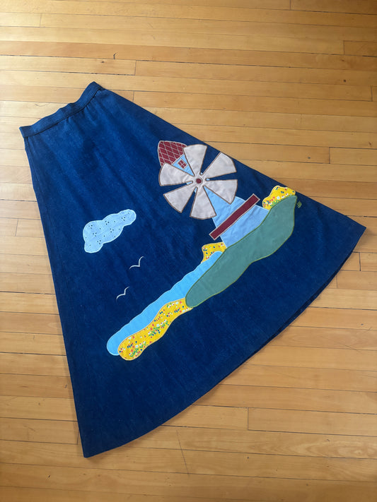 Vintage 1970s Art Skirt - Boutique Designer Novelty Appliqué Coastal A-line Denim Maxi Skirt Size XS to S
