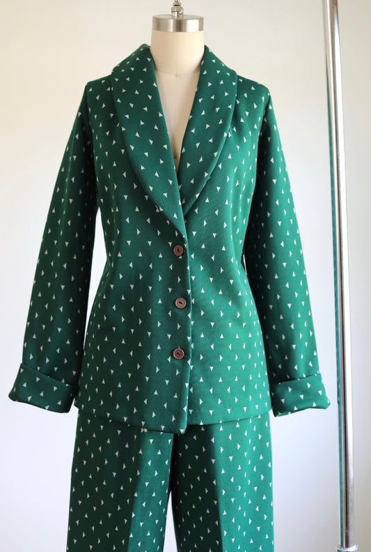Vintage 1970s Deadstock Knitwear Pant Suit - Volup! Money Green Pyramid Motif Knit Jacket + Flare Pantsuit Size L - XL