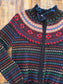 Vintage 1970s does 1940s Sweater - Cutest Black Rainbow Fair Isle Cardigan w Pom Poms Size M