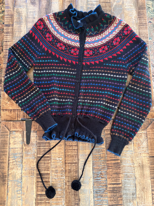 Vintage 1970s does 1940s Sweater - Cutest Black Rainbow Fair Isle Cardigan w Pom Poms Size M