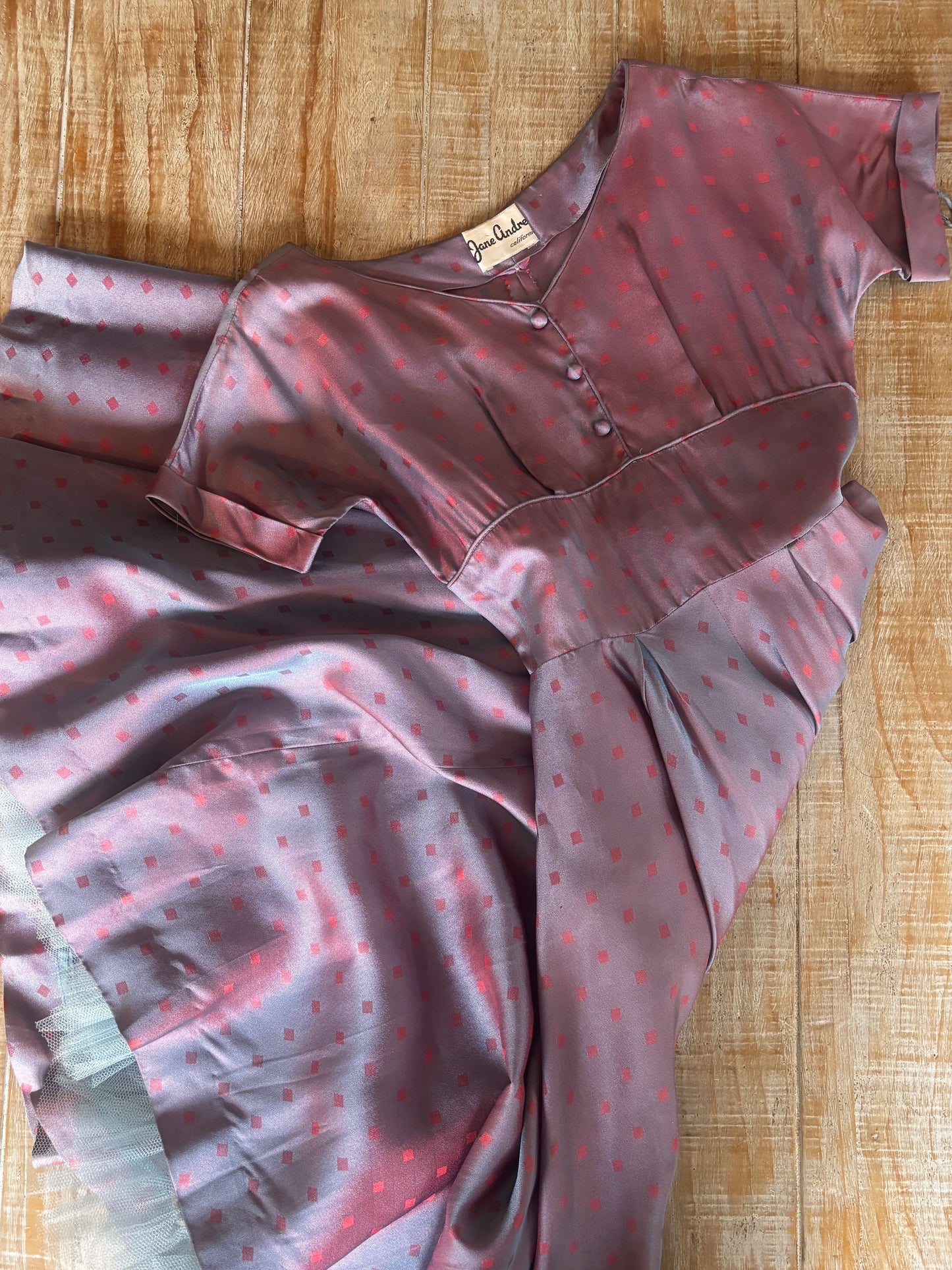 Vintage 1950s Dress - New Look Violet Pink Geometric Sharkskin Shimmer Jane Andre Designer Dress Size M to L