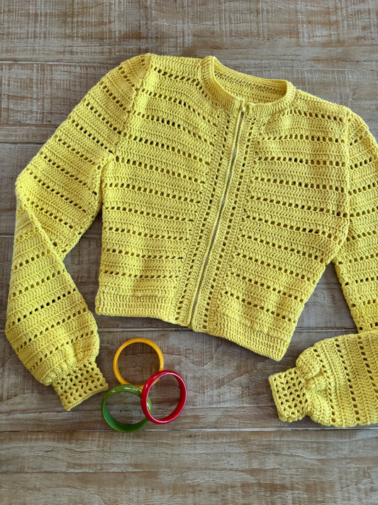 Vintage 1940s Sweater - Sexy Front Metal Zipper Wool Hand-Knit Sporty Cropped Cardigan Top Size XS to S