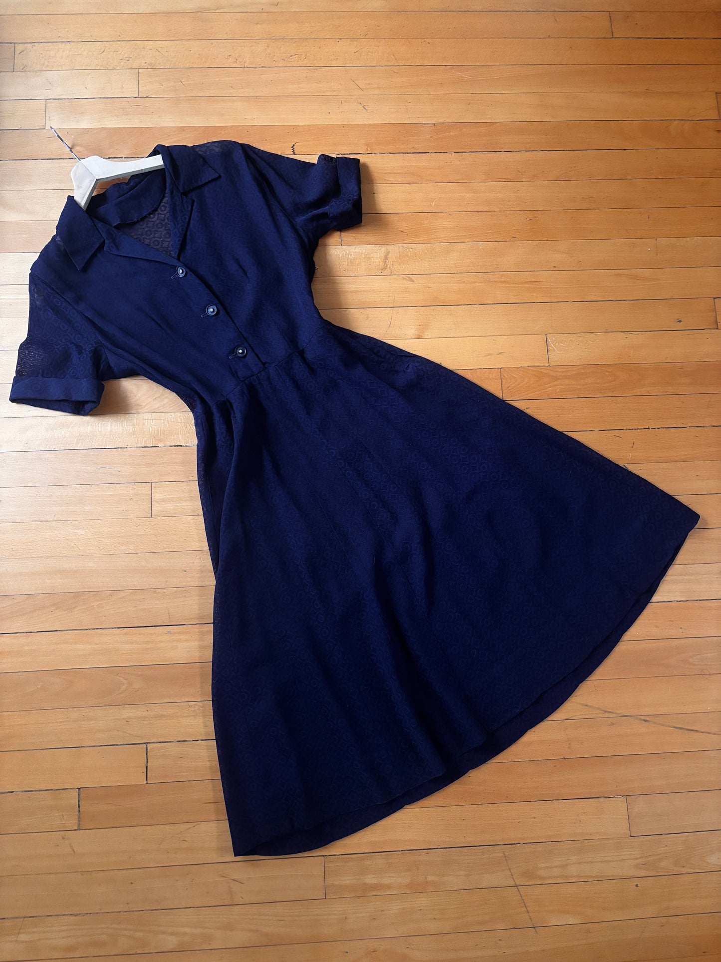 Vintage 1940s Dress - Simple Perfection! Dark Blue Sheer Sculpted Shirtwaist w Celluloid Rhinestone Size M