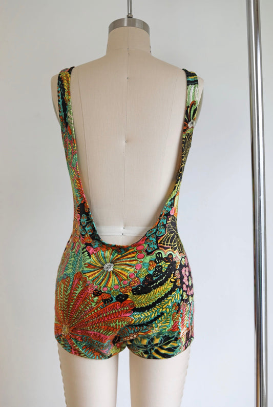Vintage 1960s to 1970s Swimsuit - RARE Pucci x Gottex Collab? Velvet Bathing Suit w Psychedelic Print Size M