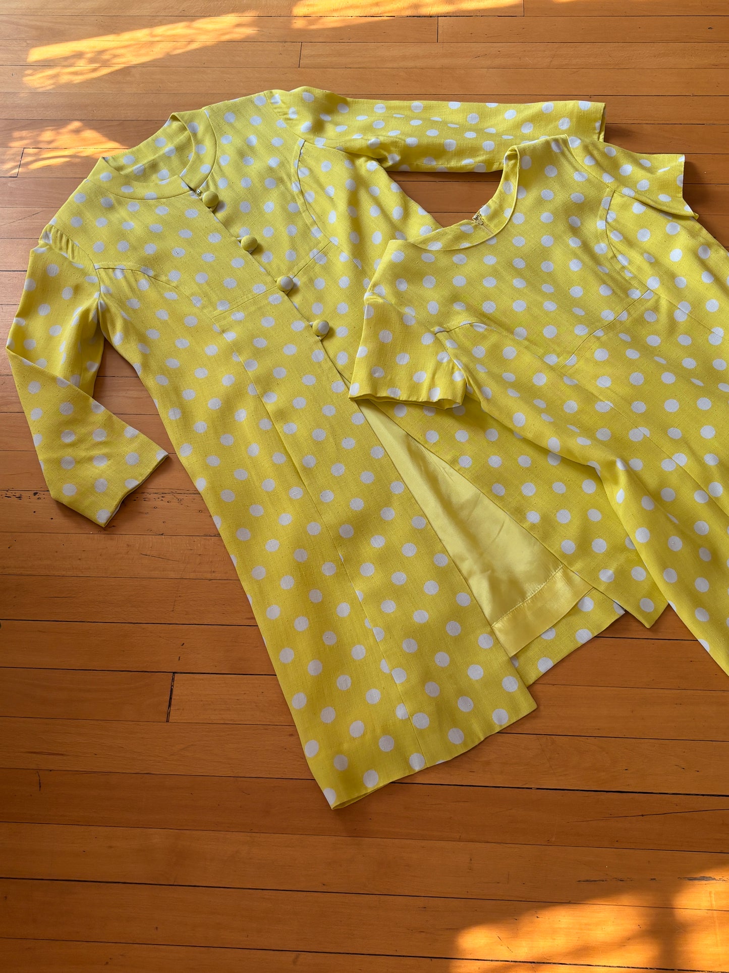 Vintage 1960s Coat Dress Set - Vibrant Sunshine Yellow White Polka Dot Silk Princess Jacket Sheath Size M