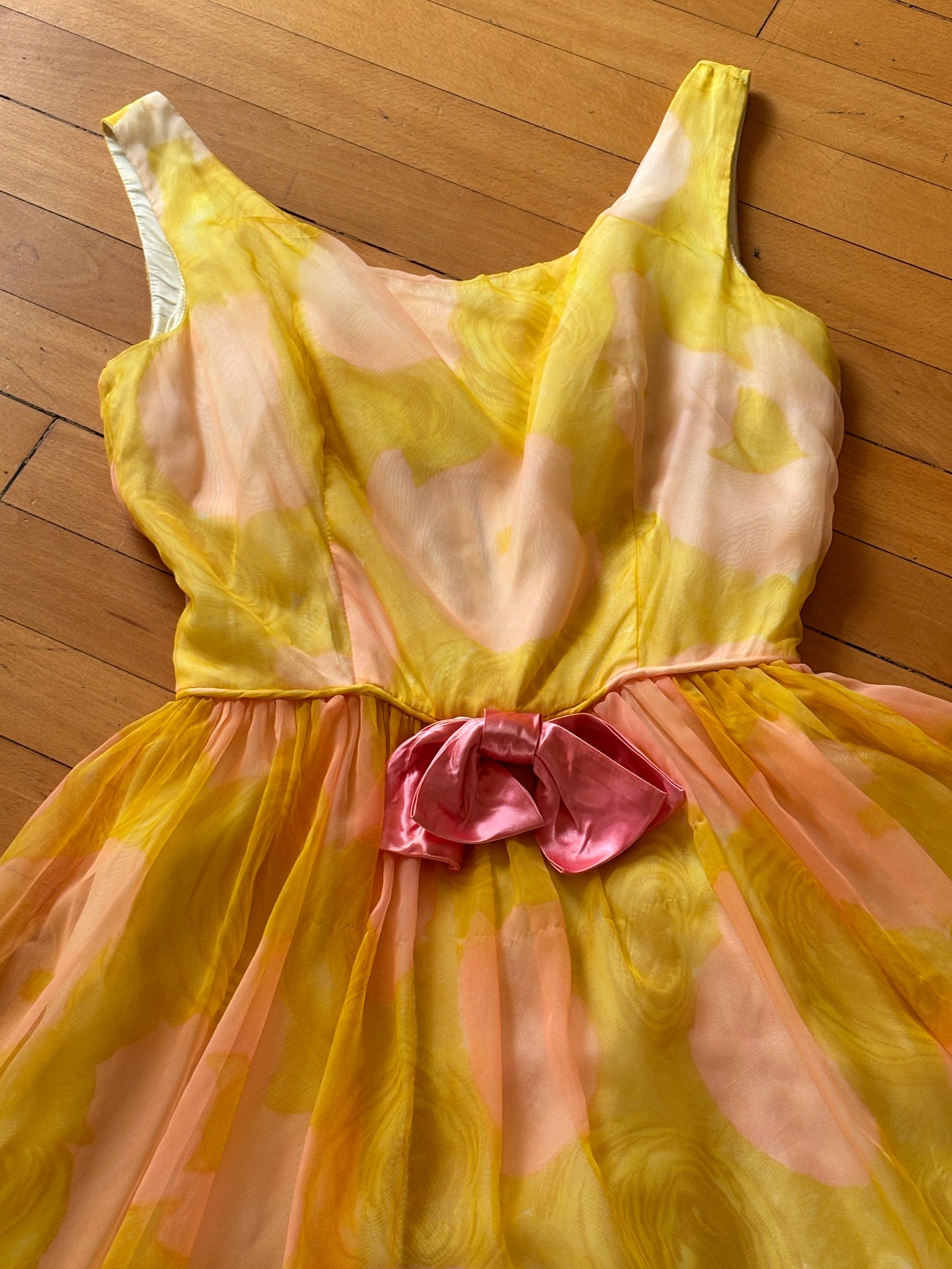 Vintage 1960s Dress - Vivacious Chartreuse Yellow Melon Pink Chiffon Cocktail Party Sundress Size S