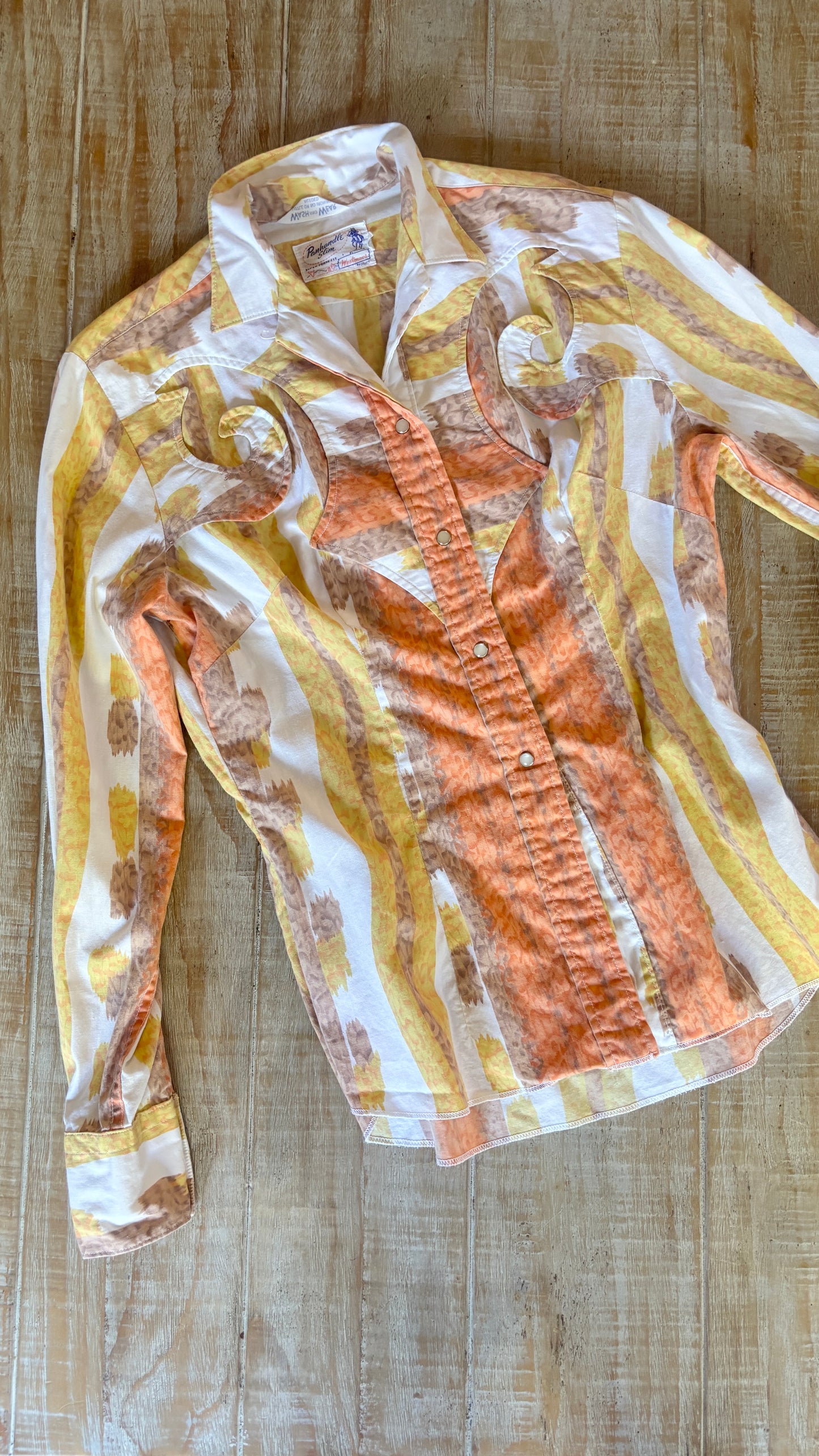 Vintage 1950s Western Blouse - Soft Autumn Hues Cotton Panhandle Slim Fitted Pearl Snap Top Size M