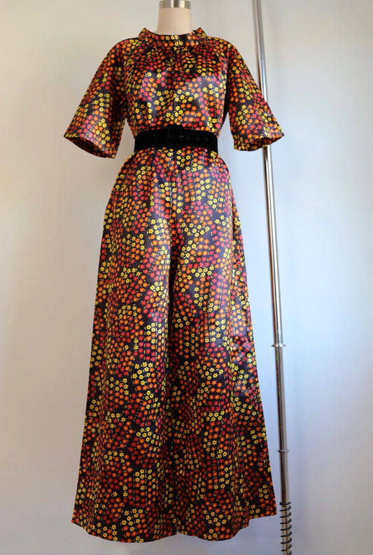 Vintage 1960s Wide Leg Jumpsuit -  Black Floral Field Print Glossy Satin Palazzo Bell Bottom Jumpsuit Size L to XL