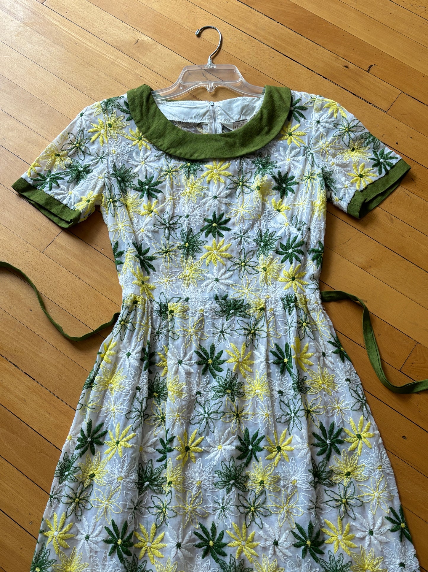 Vintage 1960s Dress - Lemon + Olive Embroidered Cotton + Butcher Linen Belted Dress Size M to L