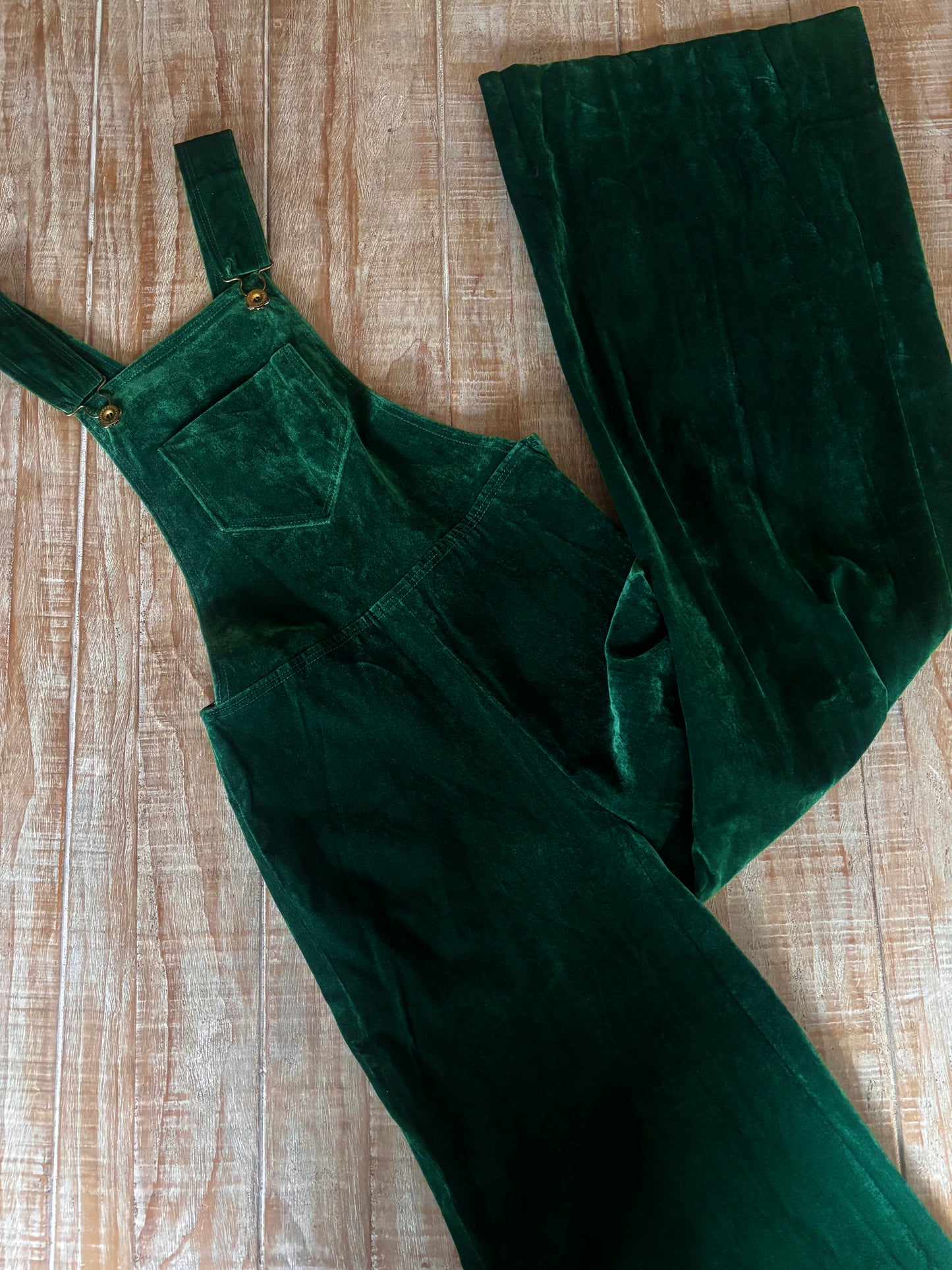 Vintage Late 1960s to 1970s Overalls Jumpsuit - Glowing Deep Emerald Green Velveteen w Wide Bell/Flare Legs Size S