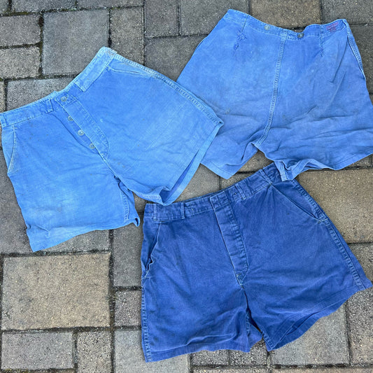 RARE CINCHED-WAIST Vintage 1940s Well-Worn Swedish Armed Forces Workwear Indigo Blue Denim Button-Fly Cotton Shorts -- Choose Your Pair! Size M to L