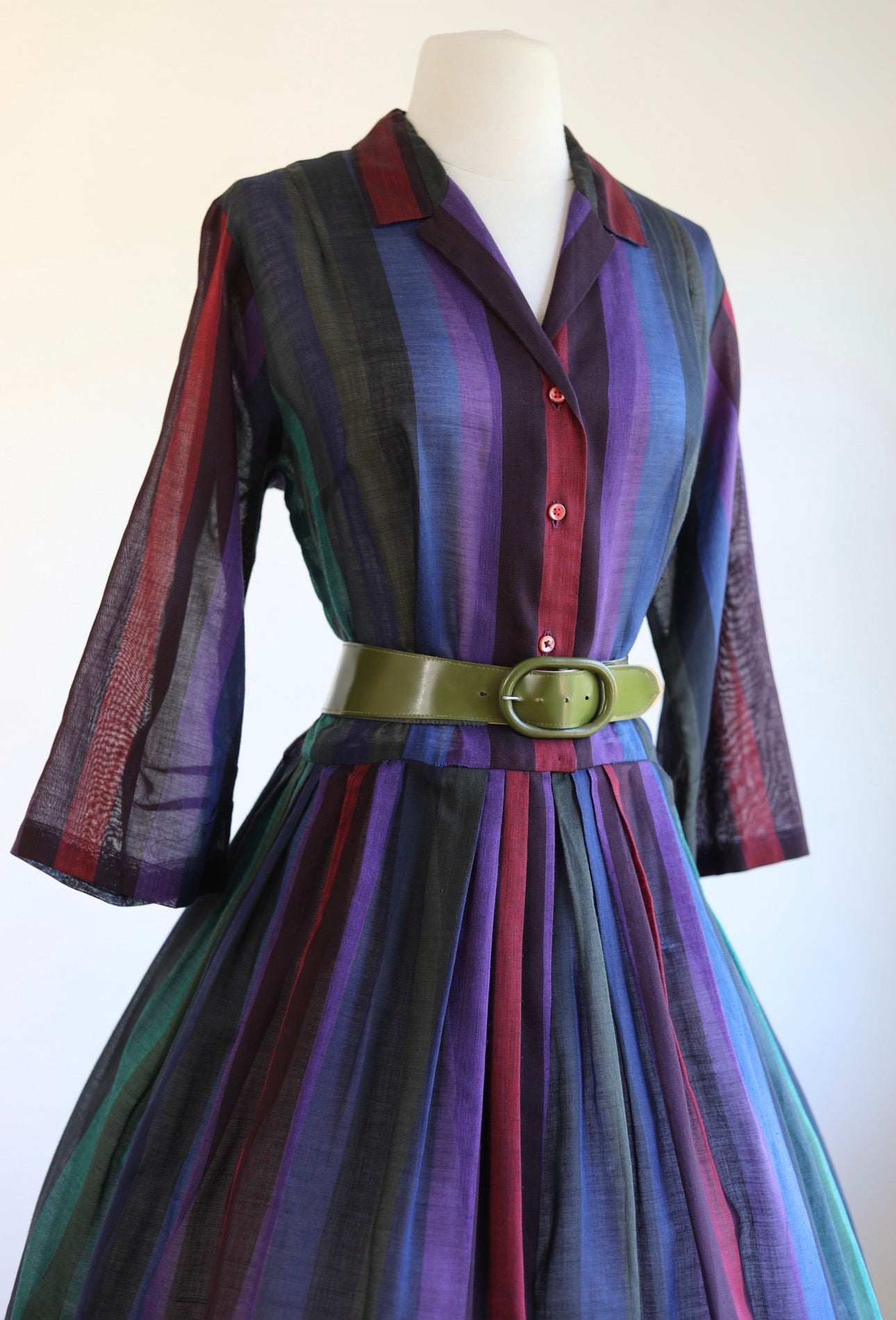 Vintage 1950s Dress - Volup! Autumn Jeweltone Rainbow Stripe Cotton Voile Shirtwaist Size XL