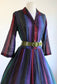 Vintage 1950s Dress - Volup! Autumn Jeweltone Rainbow Stripe Cotton Voile Shirtwaist Size XL