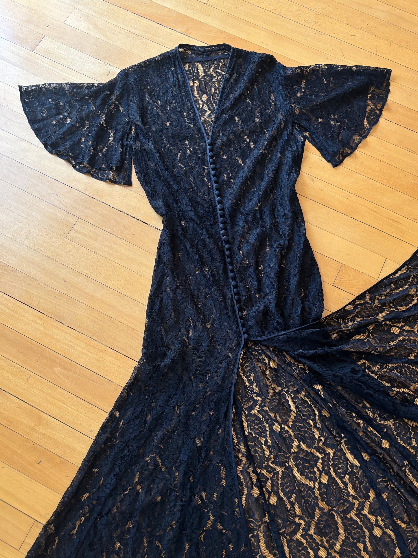 Vintage 1930s Redingote - Volup! Summer Goth Black Sheer Lace Deco Duster Evening Jacket Dress Size L to XL