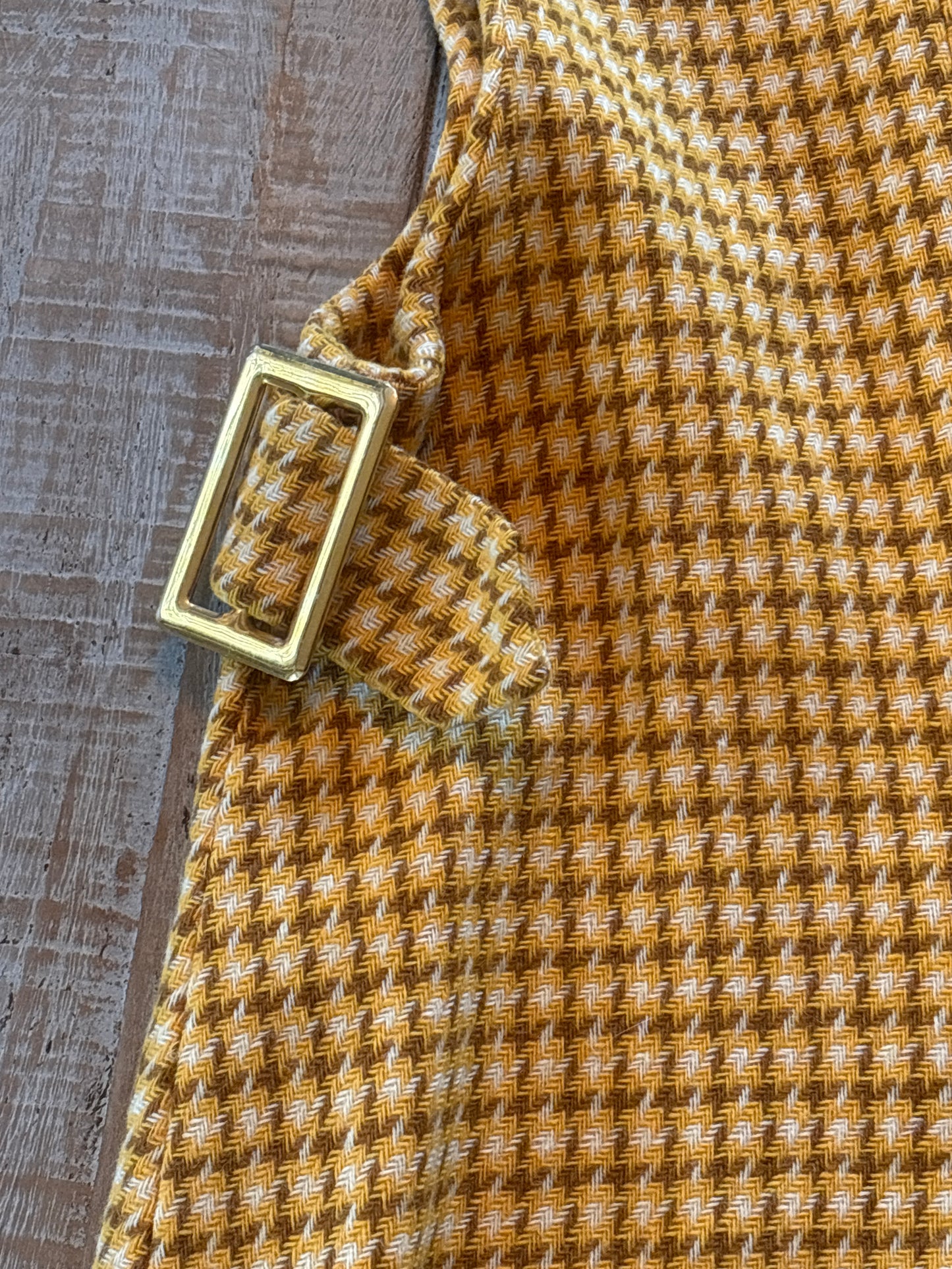 Vintage 1960s Mod Wool Romper - Mustard Cocoa Houndstooth Check w Big Brass Buckles Playsuit Size XS to S