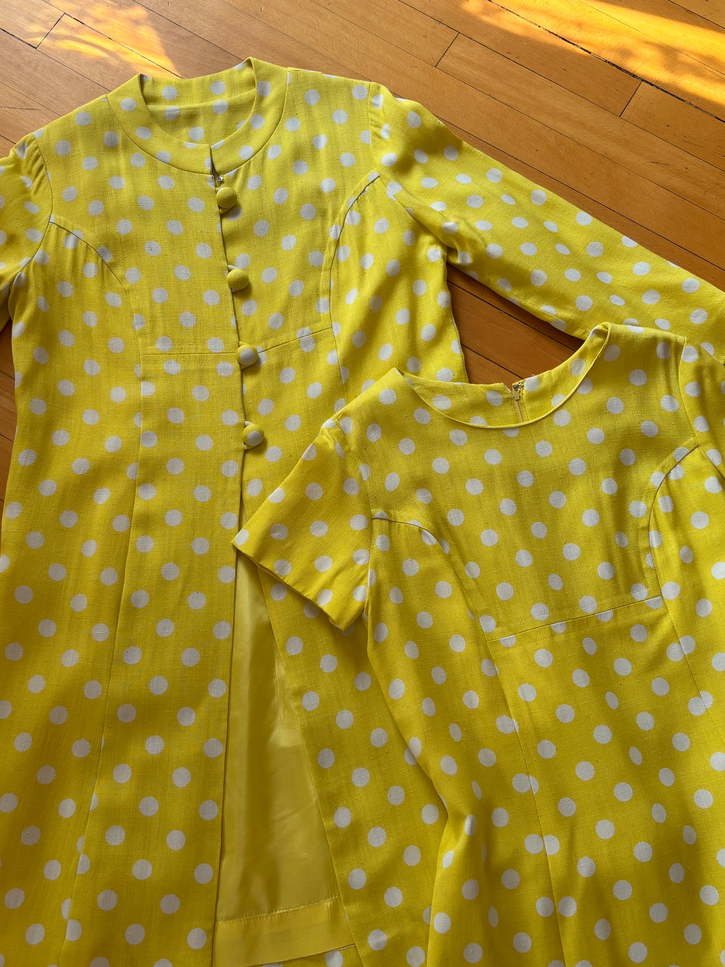 Vintage 1960s Coat Dress Set - Vibrant Sunshine Yellow White Polka Dot Silk Princess Jacket Sheath Size M
