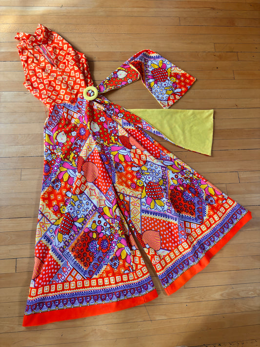 Vintage 1960s Palazzo Jumpsuit - Mod Citrus Dopamine Dressing "Miss Jane" Bell Bottom Wide Leg Jumpsuit Size XS to S