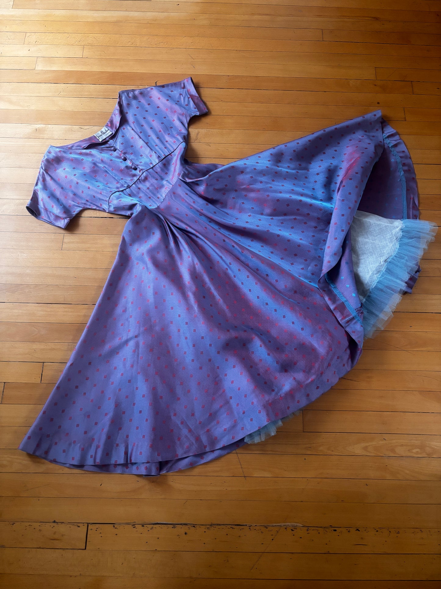 Vintage 1950s Dress - New Look Violet Pink Geometric Sharkskin Shimmer Jane Andre Designer Dress Size M to L