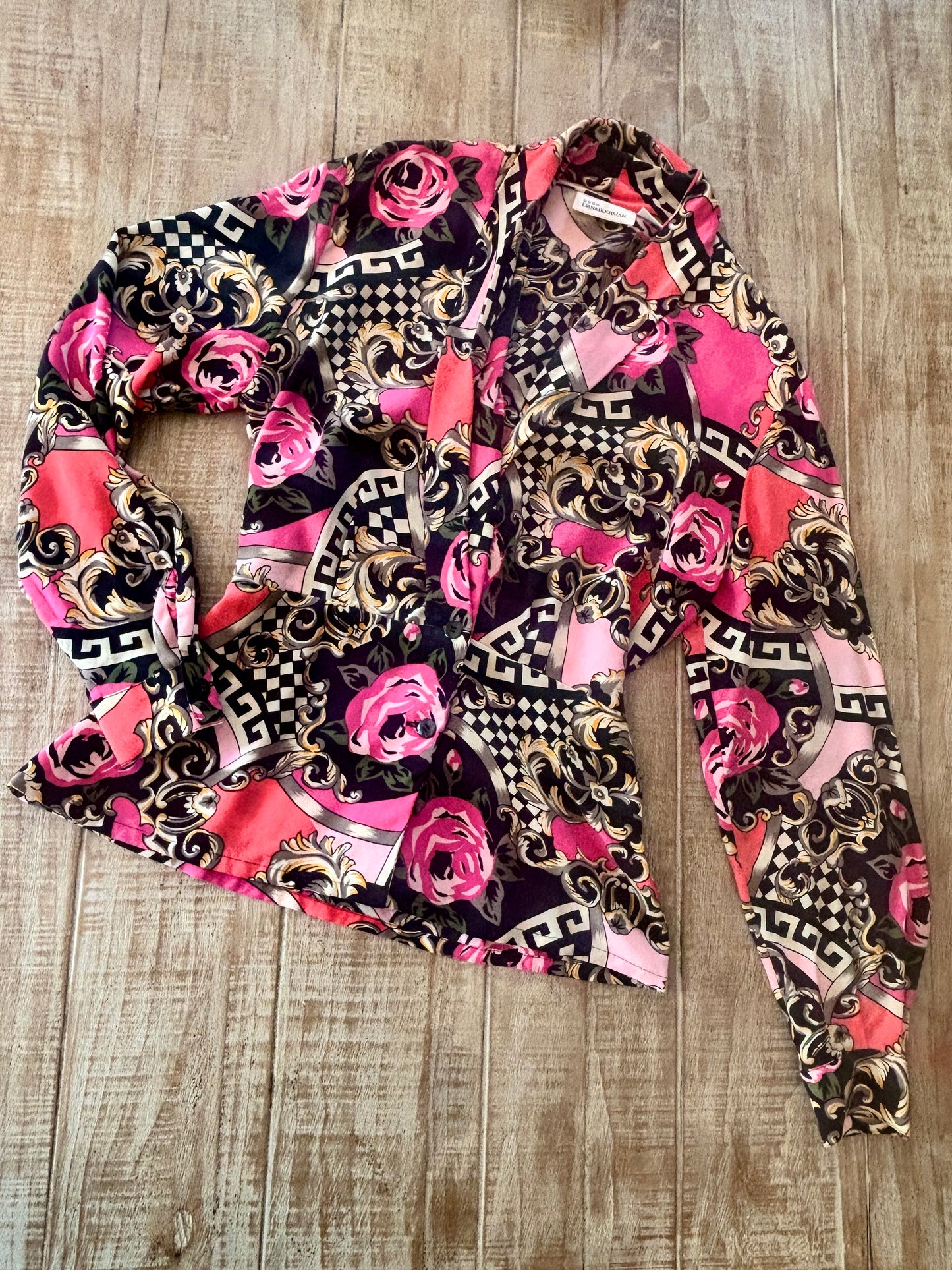 Vintage 1990s does 1940s Blouse - Surreal Italianate Baroque Rose Print Silk Designer Top Size M to L