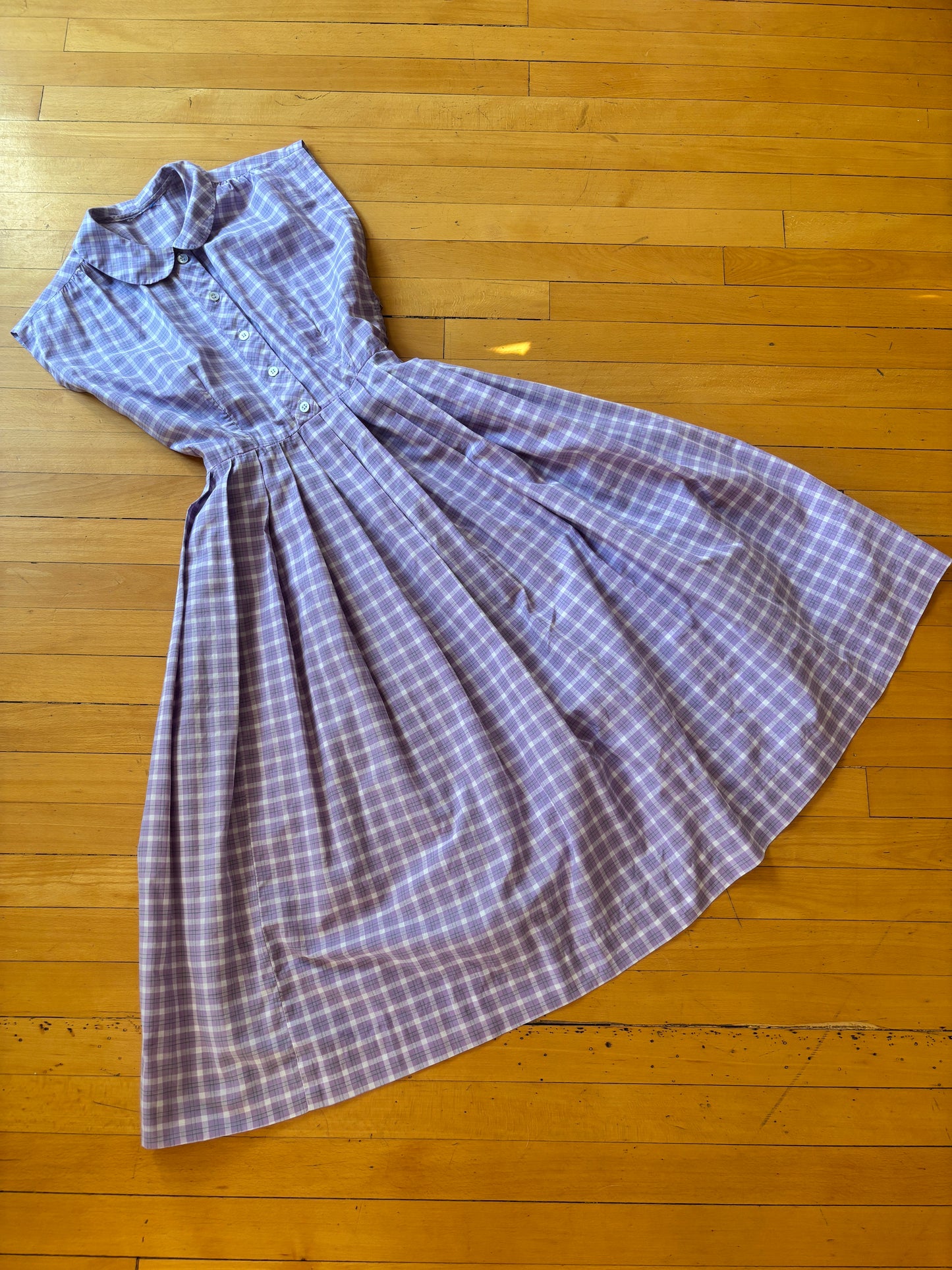 Vintage 1950s Dress - Lavender Green White Cotton Sleeveless Plaid Shirtwaist Sundress Size M