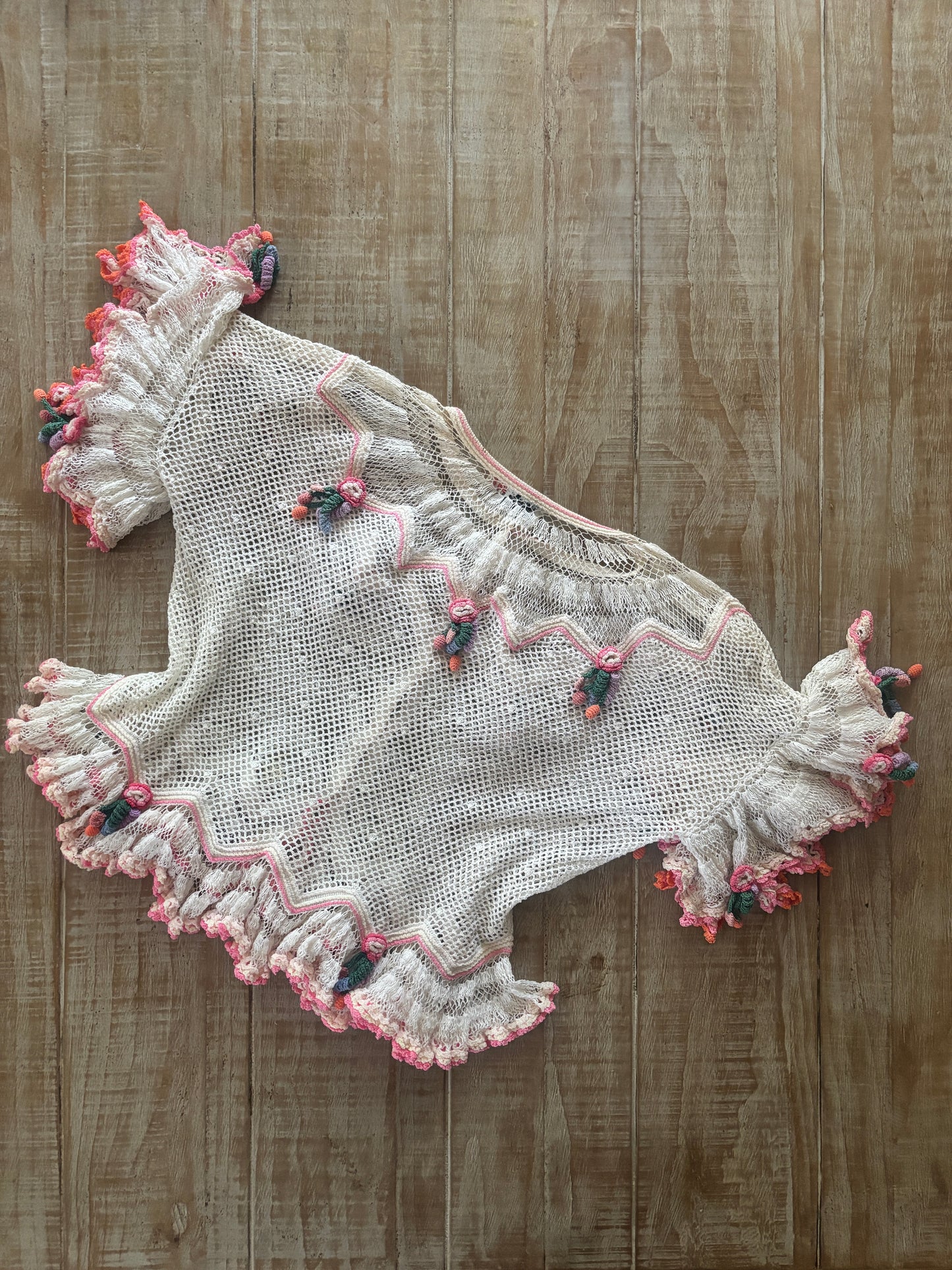Vintage 1970s 1980s Crochet Blouse - Hand-Made Lim's Pastel Fever Dream 3D Cardigan Top Size XS to M