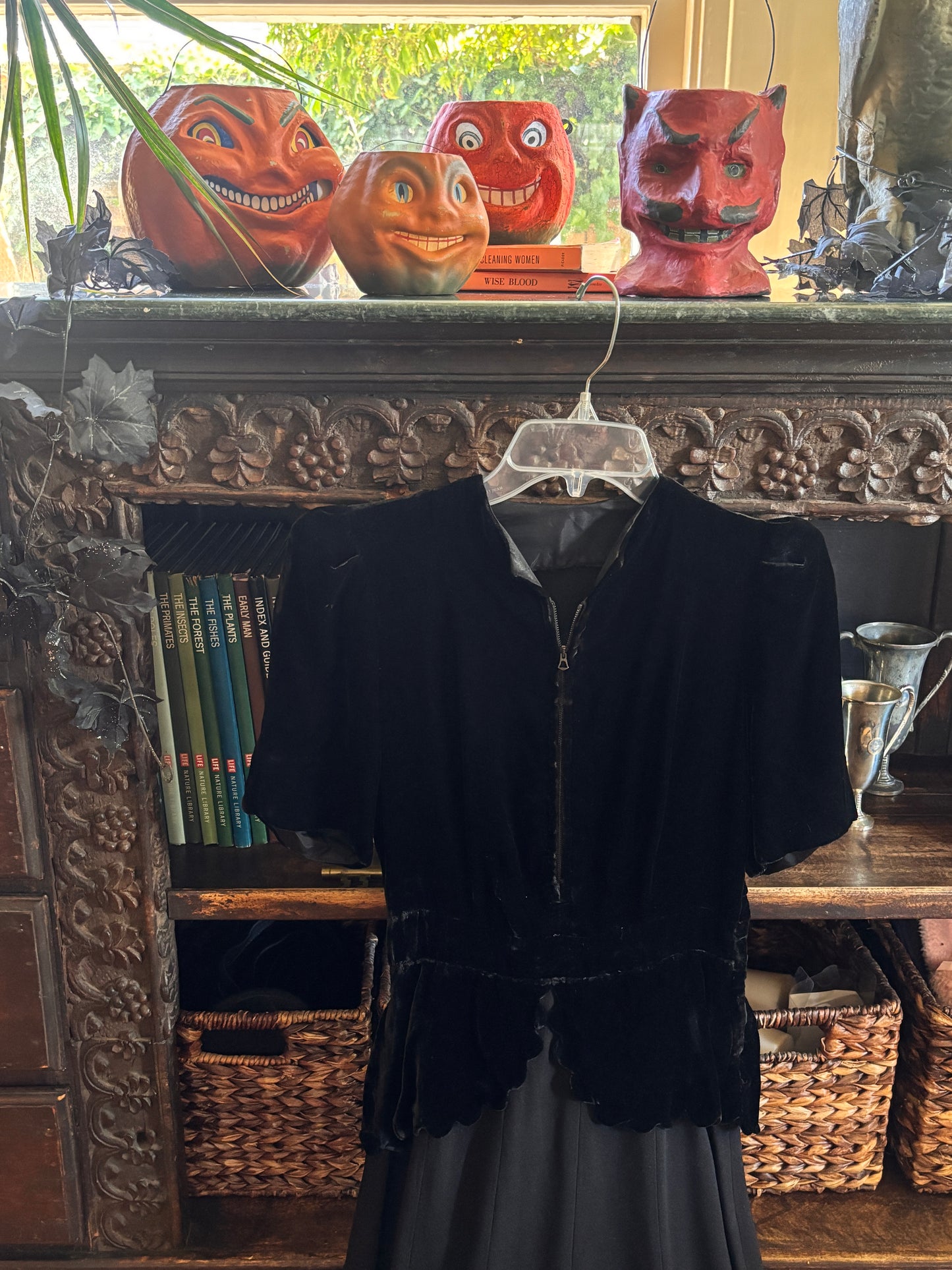 Vintage 1930s Zipper Front Dress - Goth Black Silk Velvet + Matte Rayon Peplum Cocktail Dress Size S