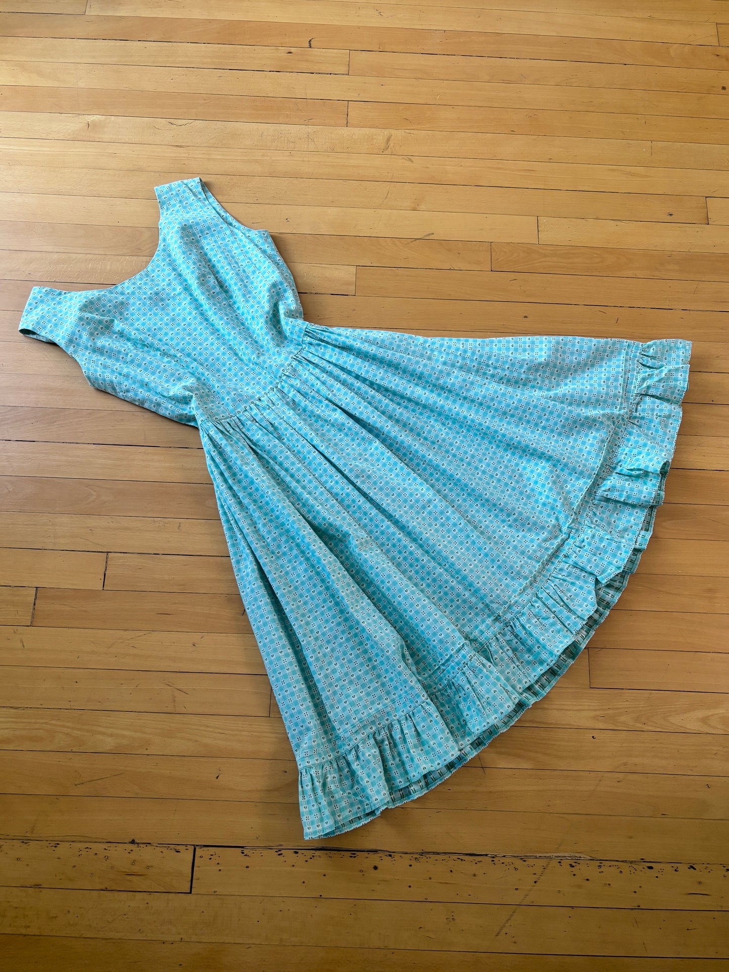 Vintage 1950s Dress - Aqua Green Woven Gingham Plaid Full Skirt Sundress Size M