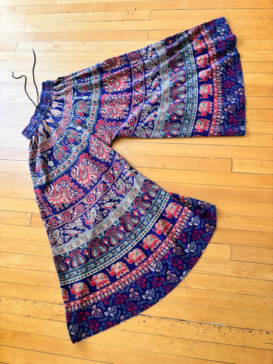 Vintage 1970s Indian Cotton Bell Bottoms - Block Print Animals Massive Palazzo Flare Pants Size XS to M