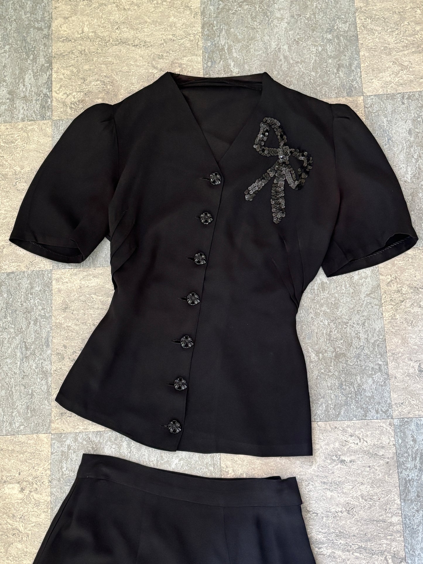 Vintage 1930s to 1940s Dress Set - Black Rayon w Sequin "Bow" + Novelty Celluloid Buttons Blouse Skirt Suit Size S