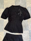 Vintage 1930s to 1940s Dress Set - Black Rayon w Sequin "Bow" + Novelty Celluloid Buttons Blouse Skirt Suit Size S