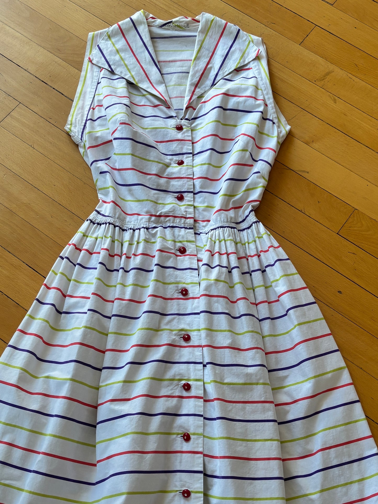 Vintage 1940s to 1950s Sundress - Fruit Stripe Gum Chartreuse Purple Red Cotton Sundress w Rhinestones Size S