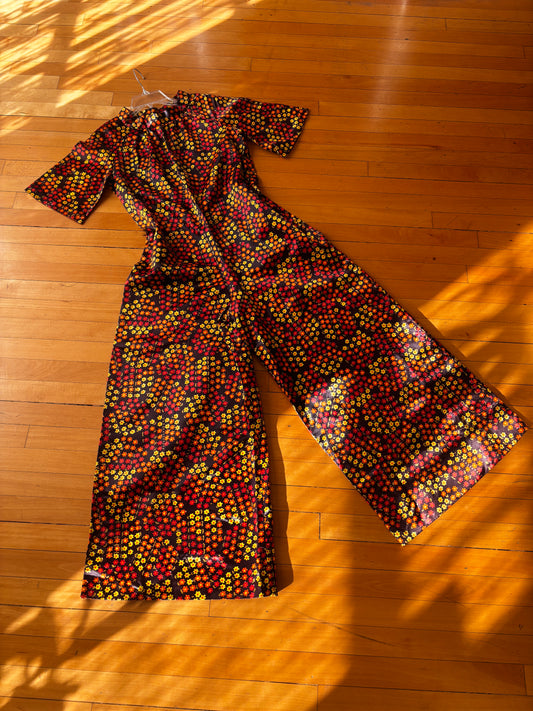 Vintage 1960s Wide Leg Jumpsuit -  Black Floral Field Print Glossy Satin Palazzo Bell Bottom Jumpsuit Size L to XL